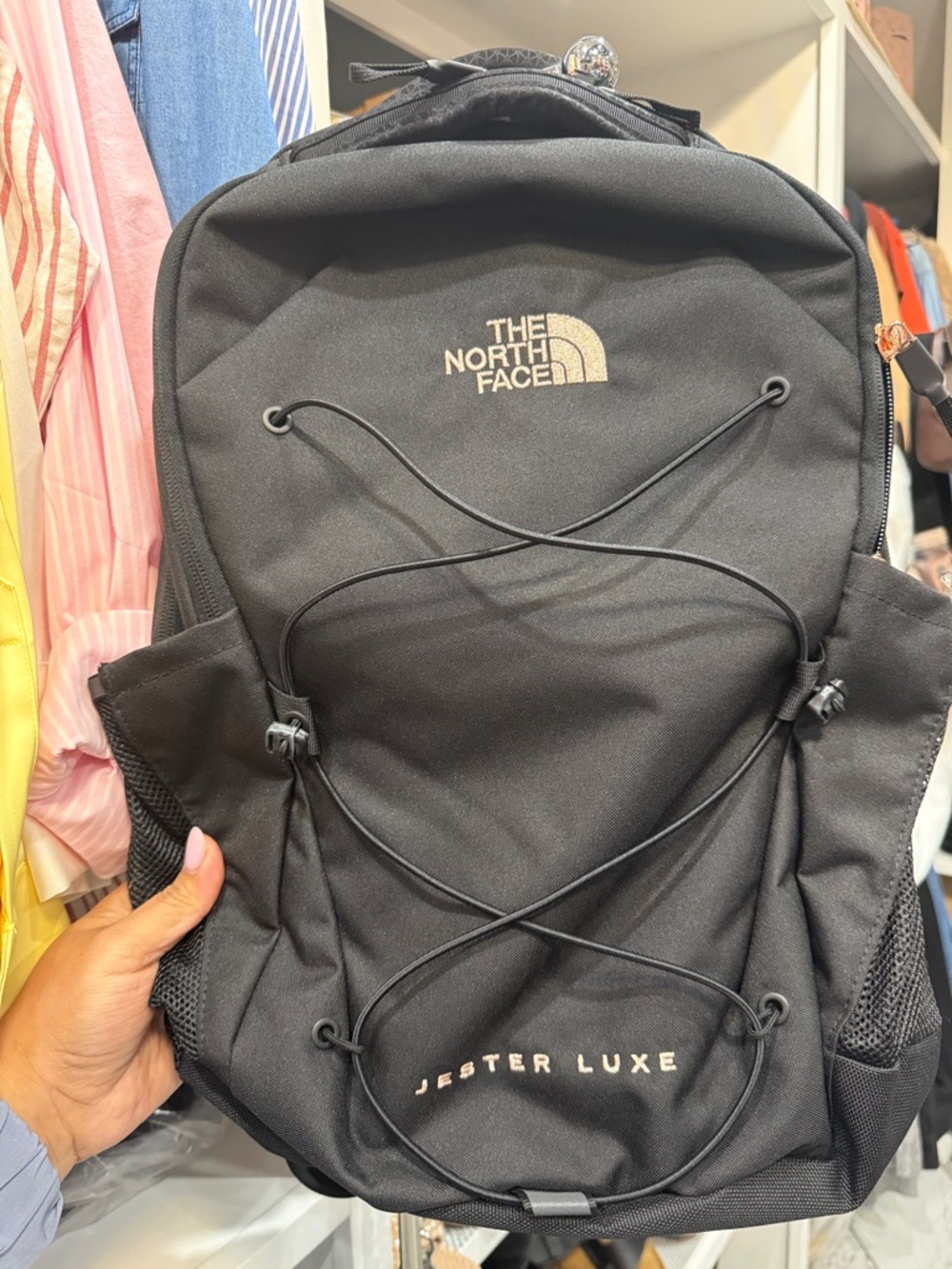 Authentic The North Face Jester Luxe Backpack Black with Metallic Rose Accents